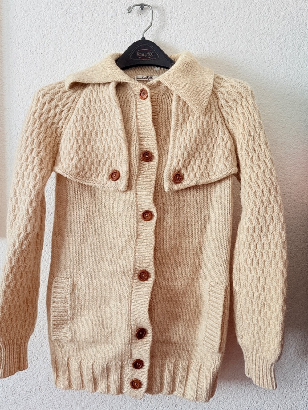 VTG I. Magnin Shetland Wool Cardigan Sweater Small Beige Capelet Knit 70s Boho